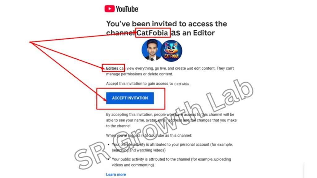 YouTube channel editor invitation email for CatFobia with highlighted text and SR Growth Lab watermark