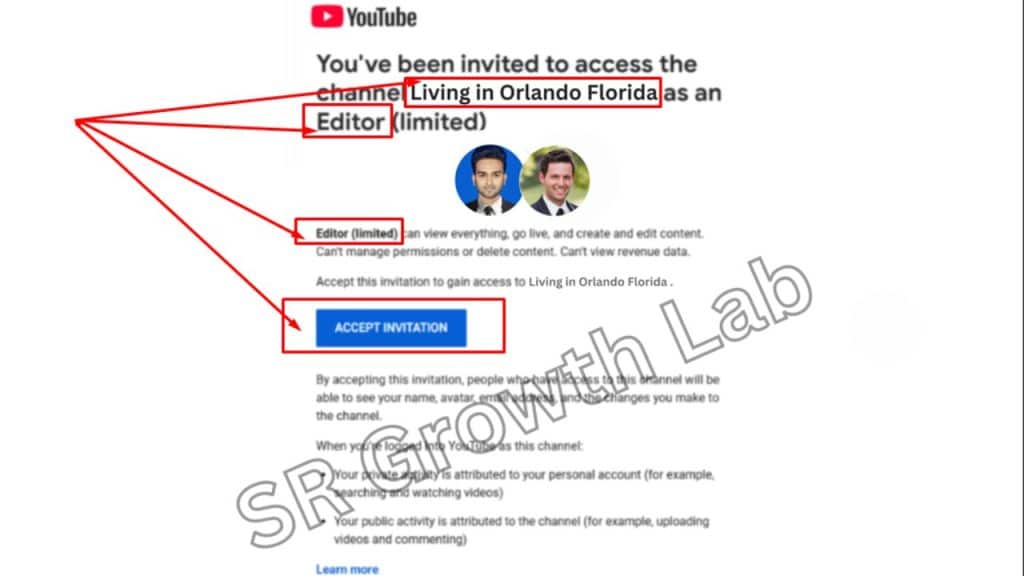 YouTube channel editor invitation email with red annotations and SR Growth Lab watermark