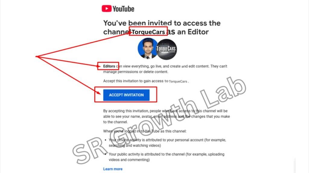 YouTube channel editor invitation for TorqueCars with highlighted sections and SR Growth Lab watermark
