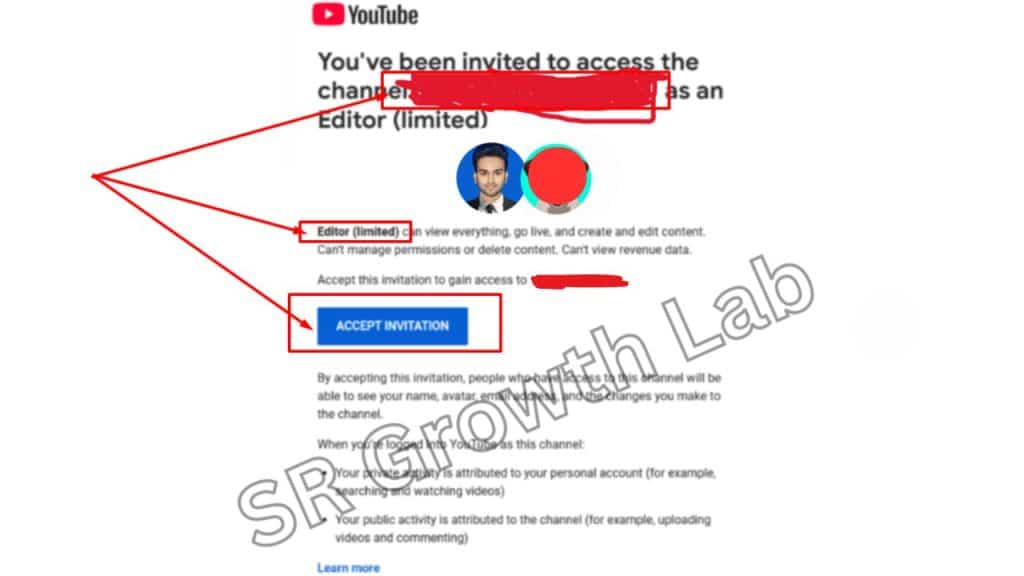 YouTube channel limited editor access invitation with red highlights and SR Growth Lab watermark