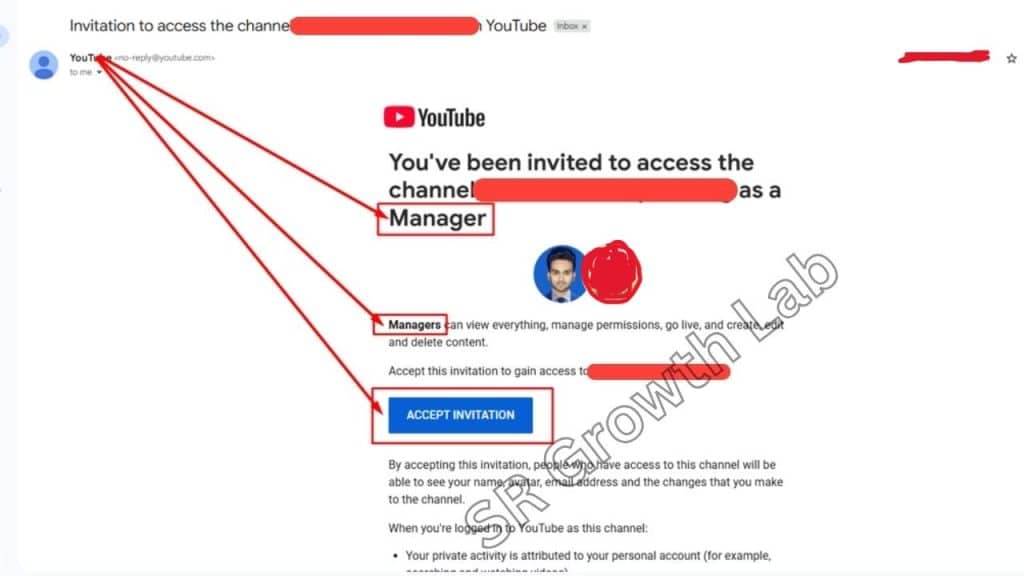 YouTube email showing invitation to access a channel as Manager with red highlights and SR Growth Lab watermark.