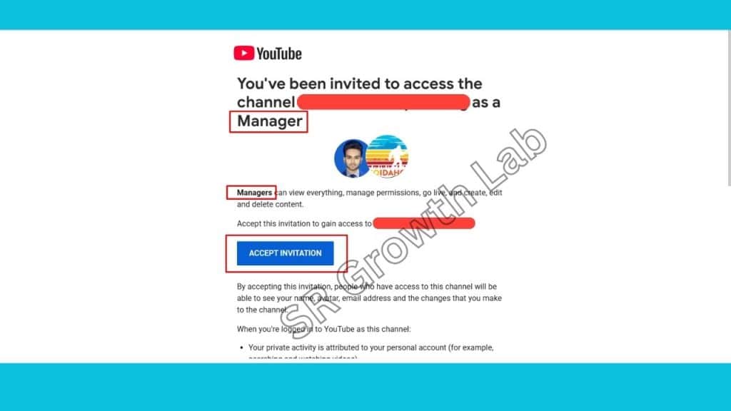 YouTube channel manager access email with blue background and SR Growth Lab branding