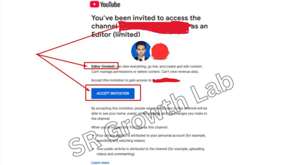 YouTube editor invitation email for Pets Care Home with red highlights and SR Growth Lab watermark