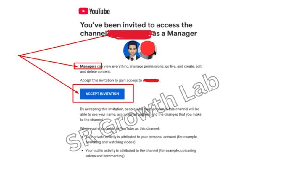 YouTube manager invitation email to access AJ and DJ's channel with highlighted sections and SR Growth Lab watermark