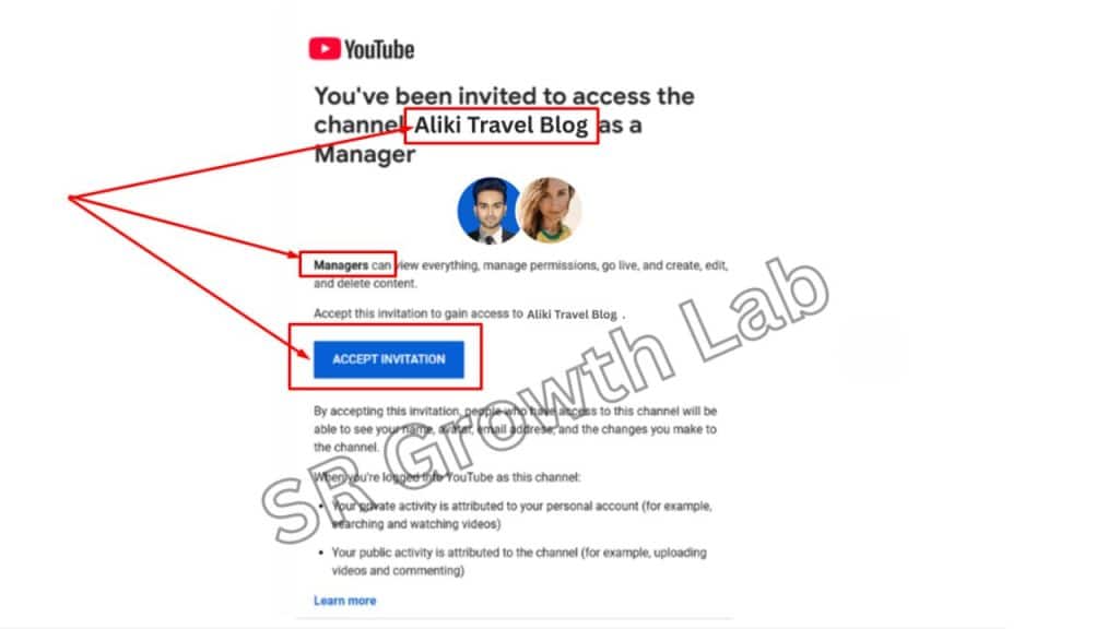 YouTube manager invitation email for Aliki Travel Blog channel access with highlighted details and SR Growth Lab watermark