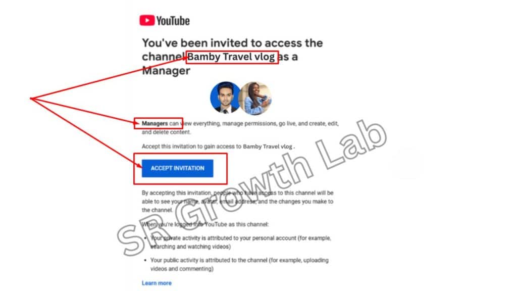 YouTube manager invitation email for Bamby Travel Vlog channel access with highlighted areas and SR Growth Lab branding
