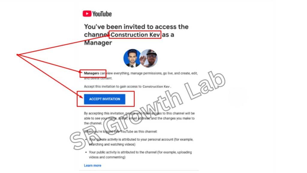 YouTube manager invitation email for Construction Kev's channel access with highlighted sections and SR Growth Lab watermark