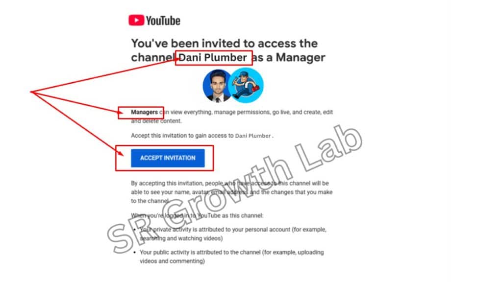 YouTube manager invitation email to access Dani Plumber's channel with highlighted elements and SR Growth Lab watermark