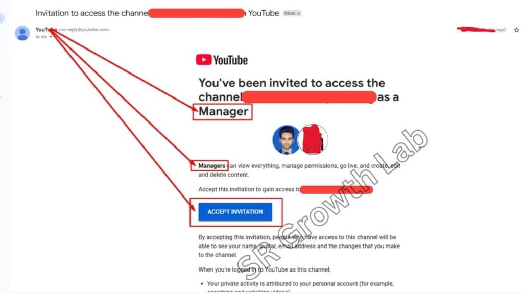 YouTube channel manager role invitation email with highlighted actions and SR Growth Lab watermark.