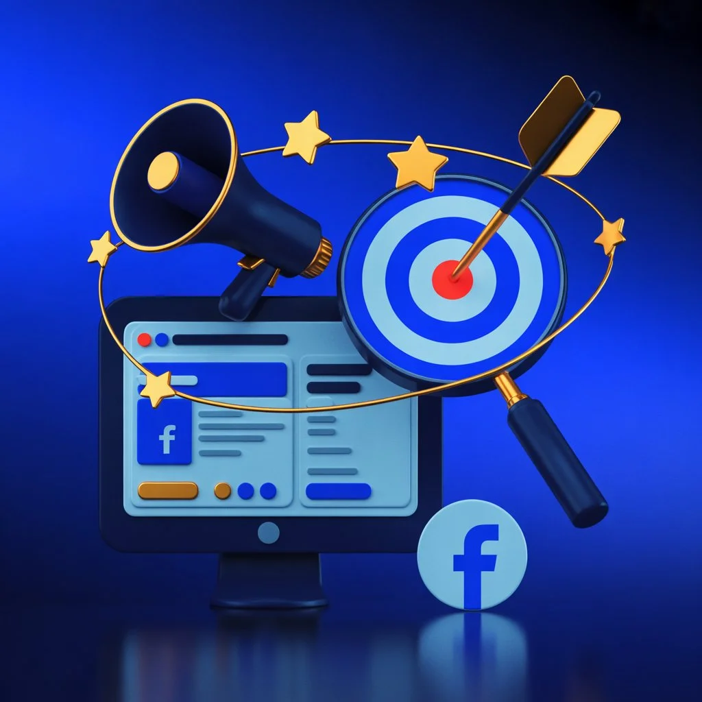 Graphic showing Facebook Ads management with audience targeting, ad creatives, performance tracking, and campaign setup