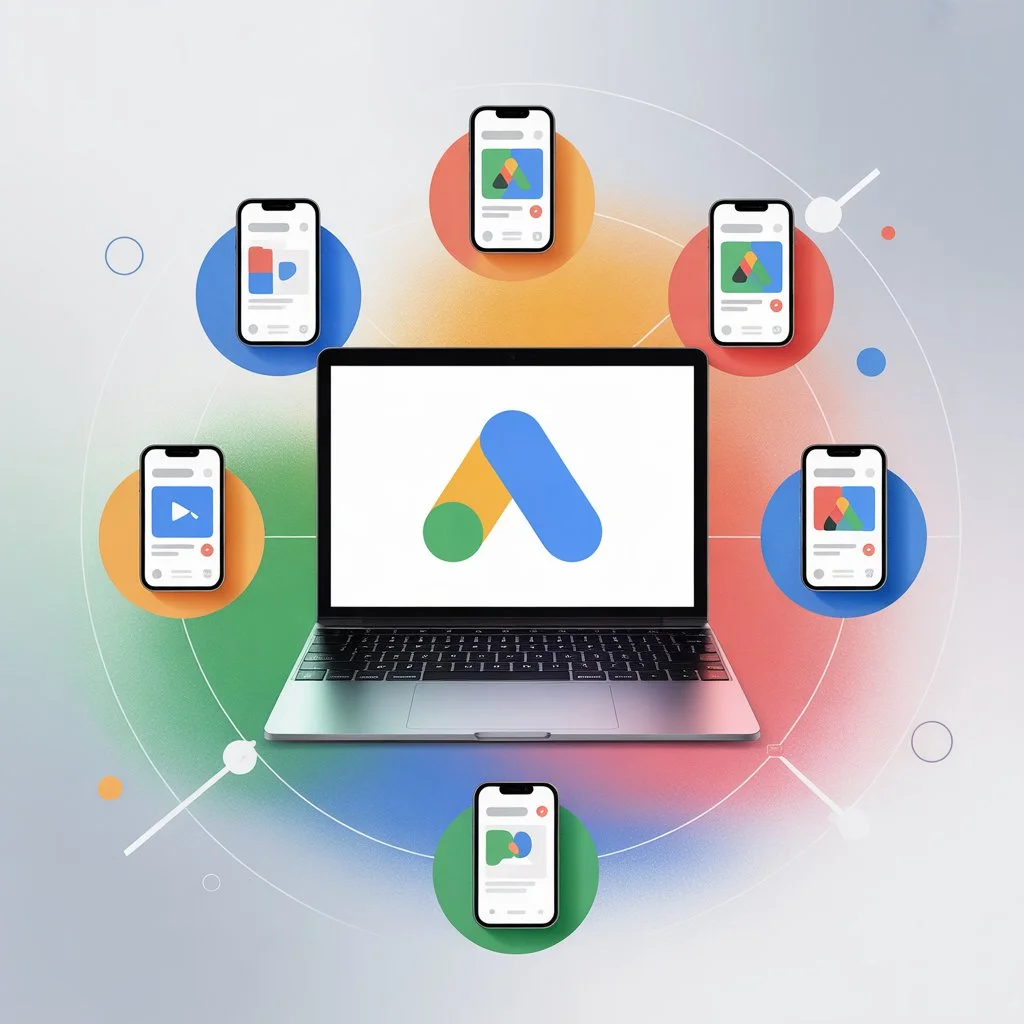 Illustration of Google Ads campaign setup with keyword targeting, search ads, display ads, and performance analytics