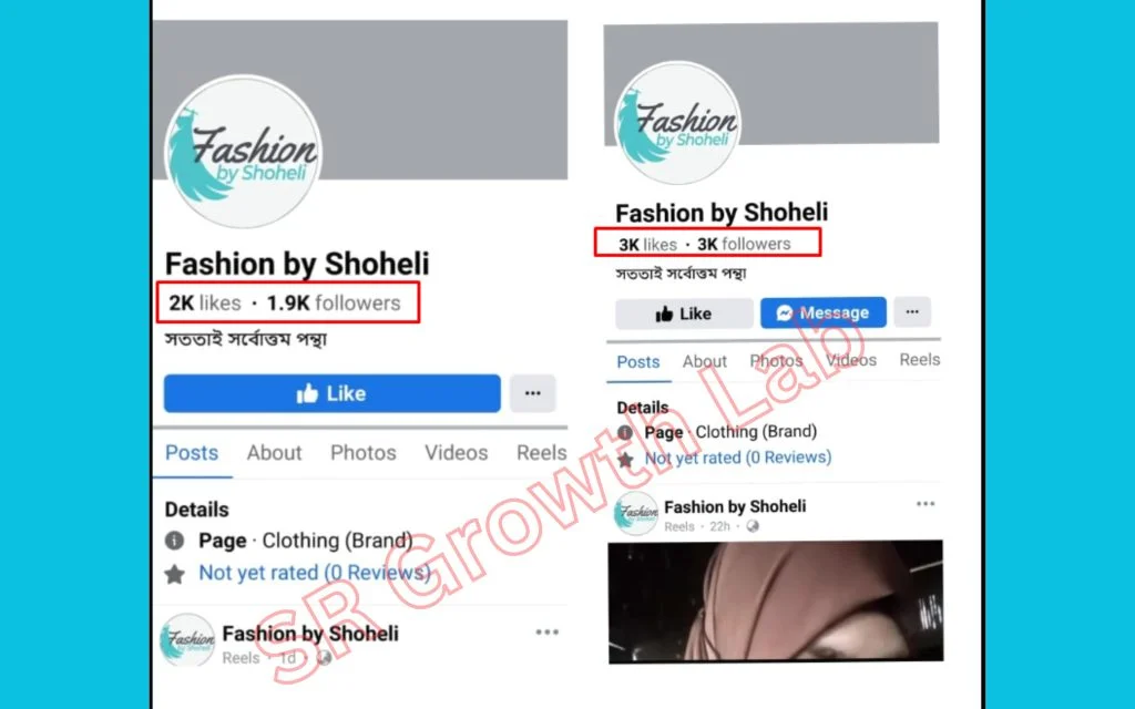 Facebook page follower and like growth result for Fashion by Shoheli, managed by SR Growth Lab.