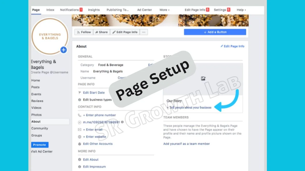 Facebook page setup of Everything & Bagels under the food and beverage category showing business info and contact setup section