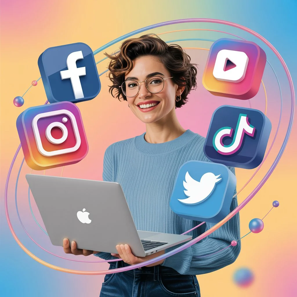 Smiling woman holding a laptop with floating icons of Facebook, Instagram, TikTok, YouTube, and Twitter