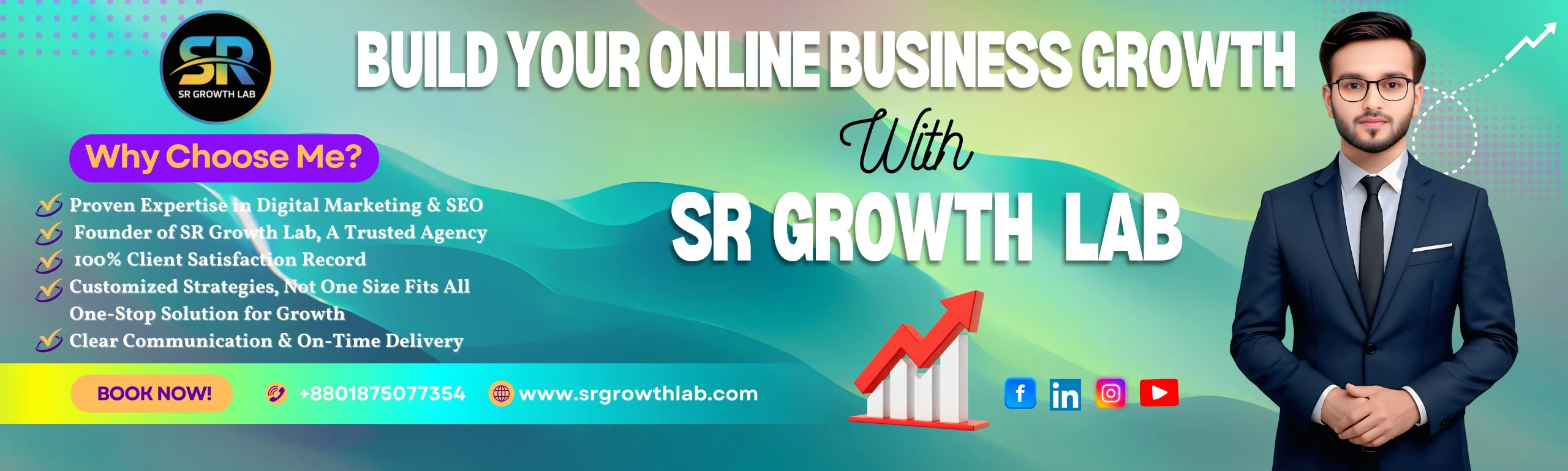 Professional digital marketing banner for SR Growth Lab featuring Sohel Rana and service highlights