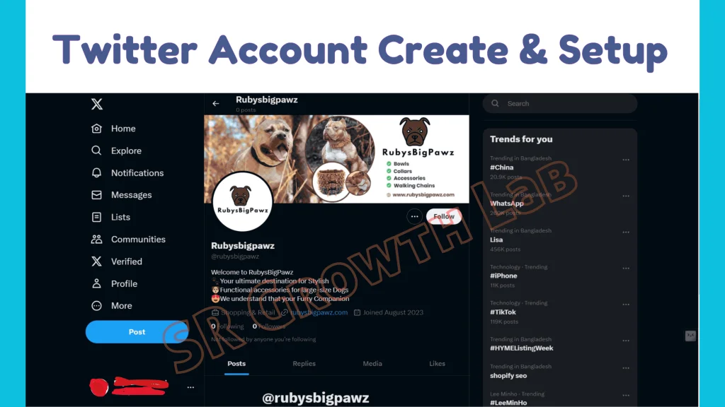 Twitter profile setup for RubysBigPawz dog accessories brand by SR Growth Lab