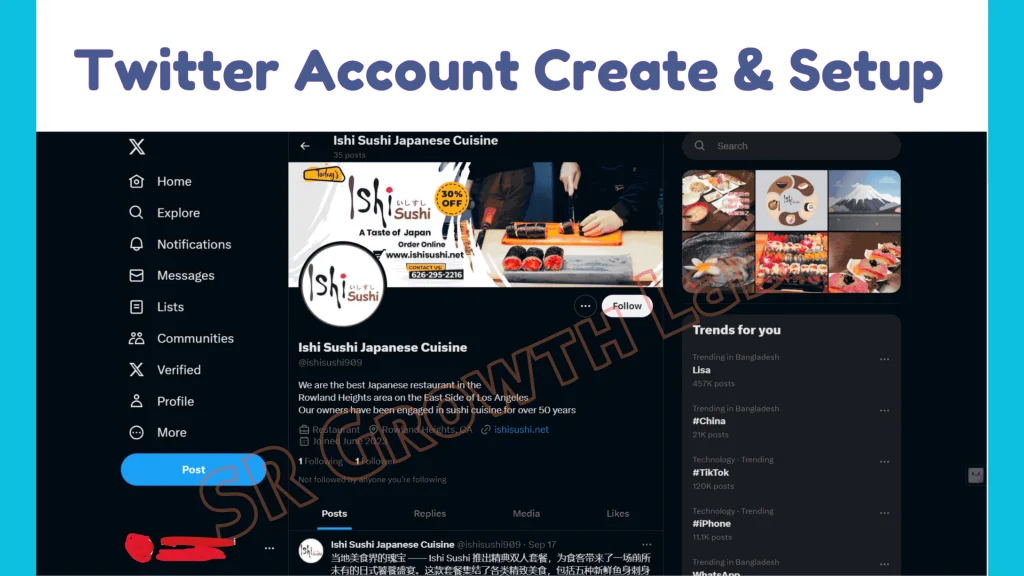 Twitter profile setup for Ishi Sushi Japanese Cuisine by SR Growth Lab