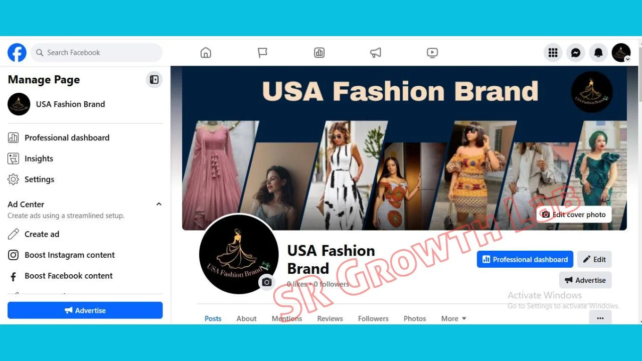 Facebook business page of USA Fashion Brand displaying stylish women's clothing, dresses, and fashion models in a branded cover layout