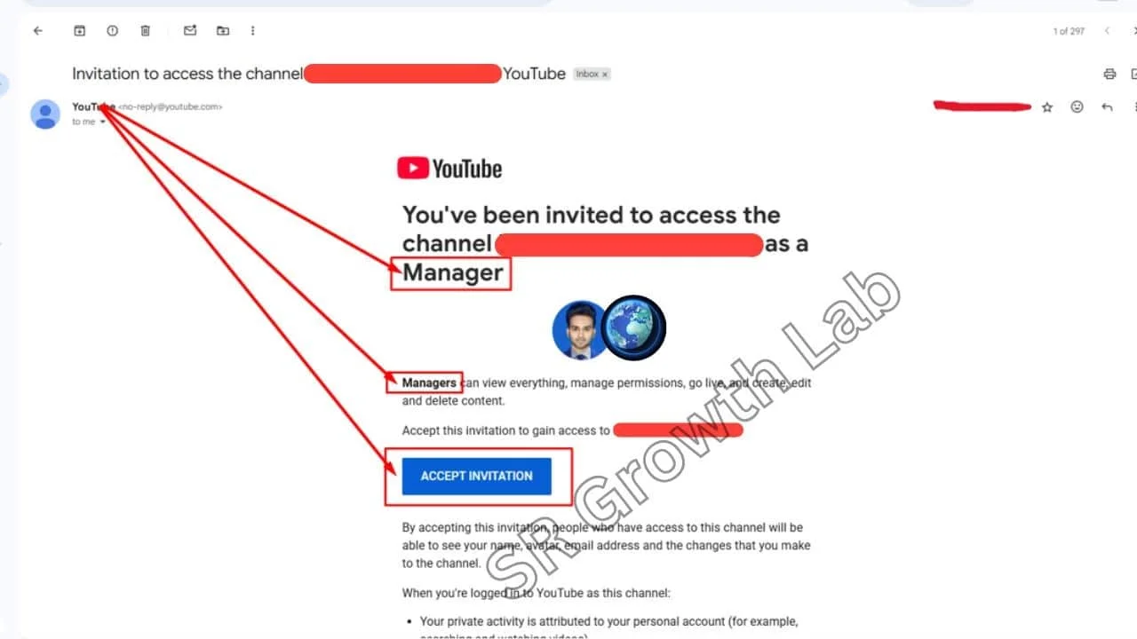 YouTube channel manager invitation email screenshot with highlighted options and SR Growth Lab watermark.