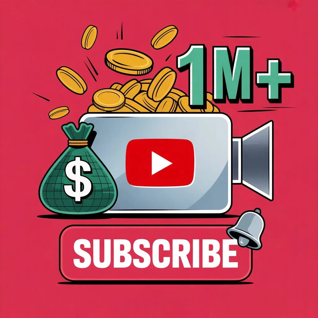 YouTube monetization with 1M+ subscribers and ad revenue concept graphic